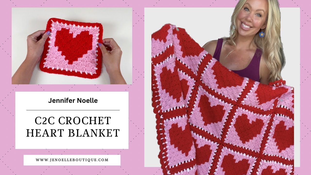Corner to Corner Crochet Heart Block Pattern with double crochet boarder and join as you go method