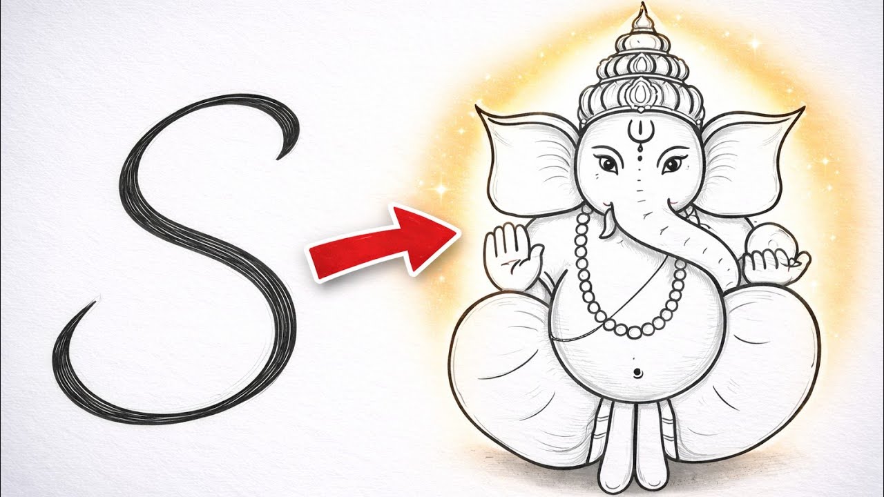 Easy Lord Ganesha Drawing from S Letter ✏️ Step by Step | Ganesh Chaturthi Special Art Tutorial