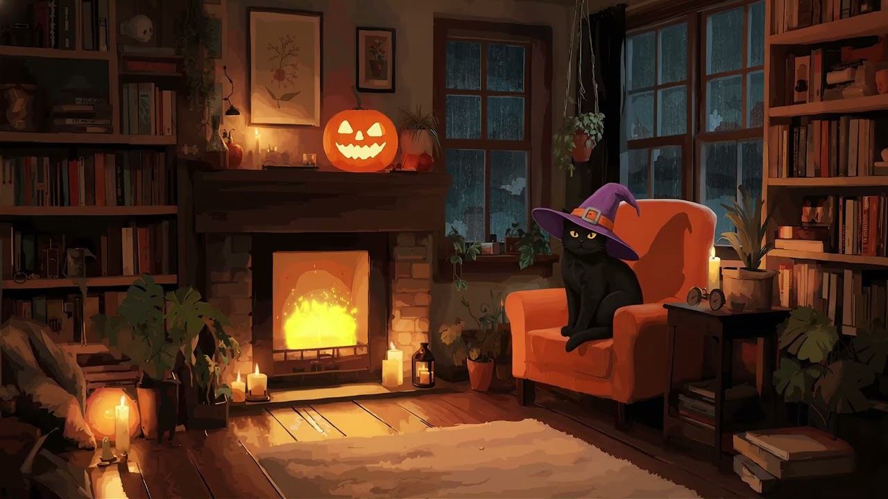 Peaceful Autumn Night in Cozy Cabin 🌙 Soft Jazz, Rainy & Fireplace Sounds for Work, Study, Relax