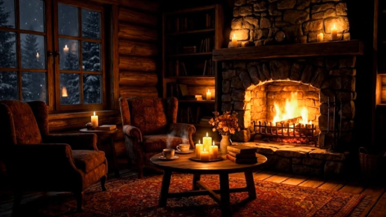 Autumn Cozy Fireplace Ambience  Warm Cabin Night Sounds