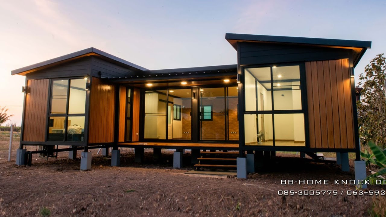 บ้านพักตากอากาศน็อคดาวน์โครงสร้างเหล็ก ดีไซน์สวยสไตล์โมเดิร์นขนาดกะทัดรัด​ 2 ห้องนอน 2 ห้องน้ำ