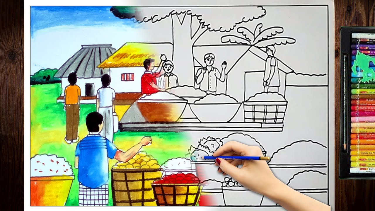 Village Market Drawing | How To Draw Village Market | Market Drawing Easy Step By Step