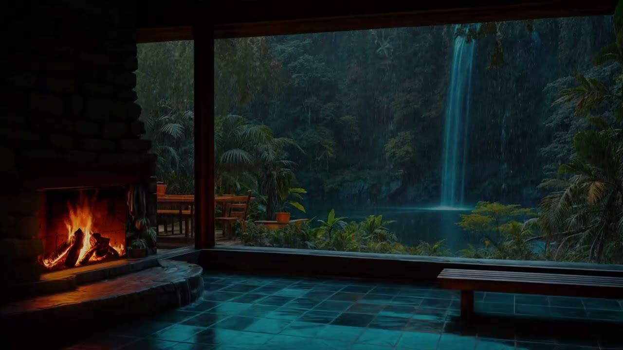 Forest Waterfall Night Retreat | Fireplace Glow for Better Sleep | Calm Nature Escape