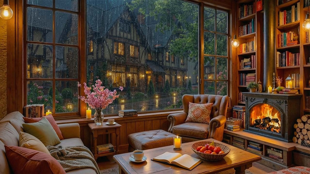 Soothing Rain Outside the Window | Calm Jazz Piano & Fireplace Sounds for Study, Work & Relaxation