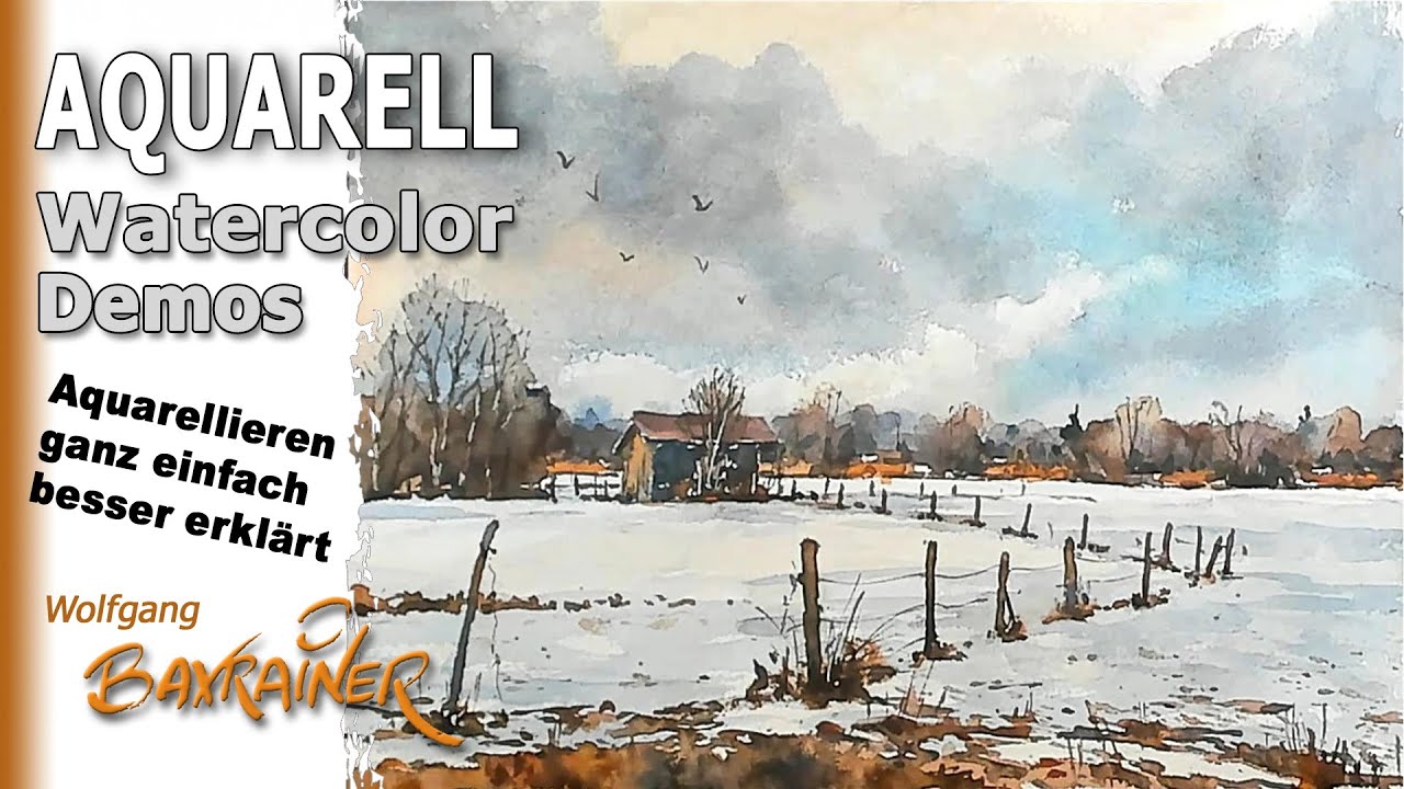 Aquarell „Winter im Moor“ mit dramatischem Himmel