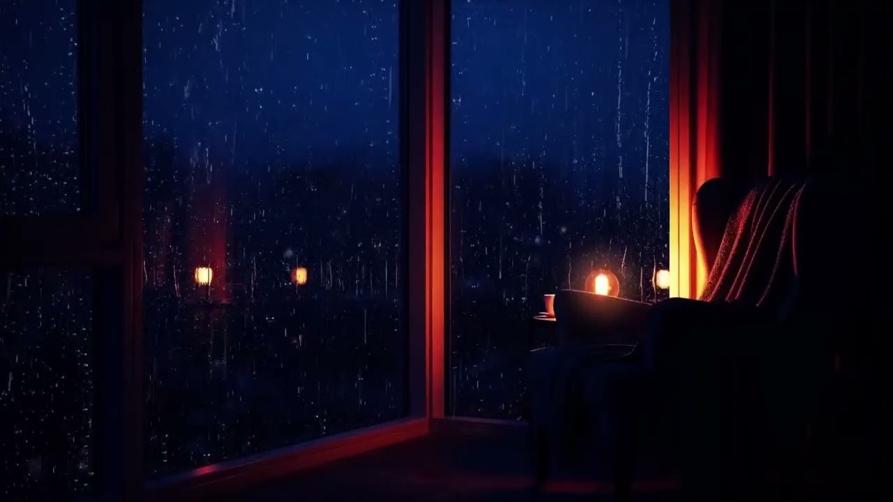 Heavy rain on a log cabin window with warm fireplace, For Deep Sleep & Insomnia Relief
