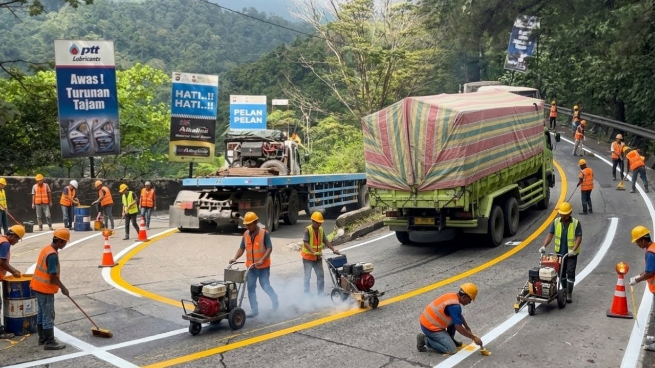 Jalan Dipercantik, Dump Truck Hino Bikin Kaget Pekerja Marka Jalan di Sitinjau Lauik