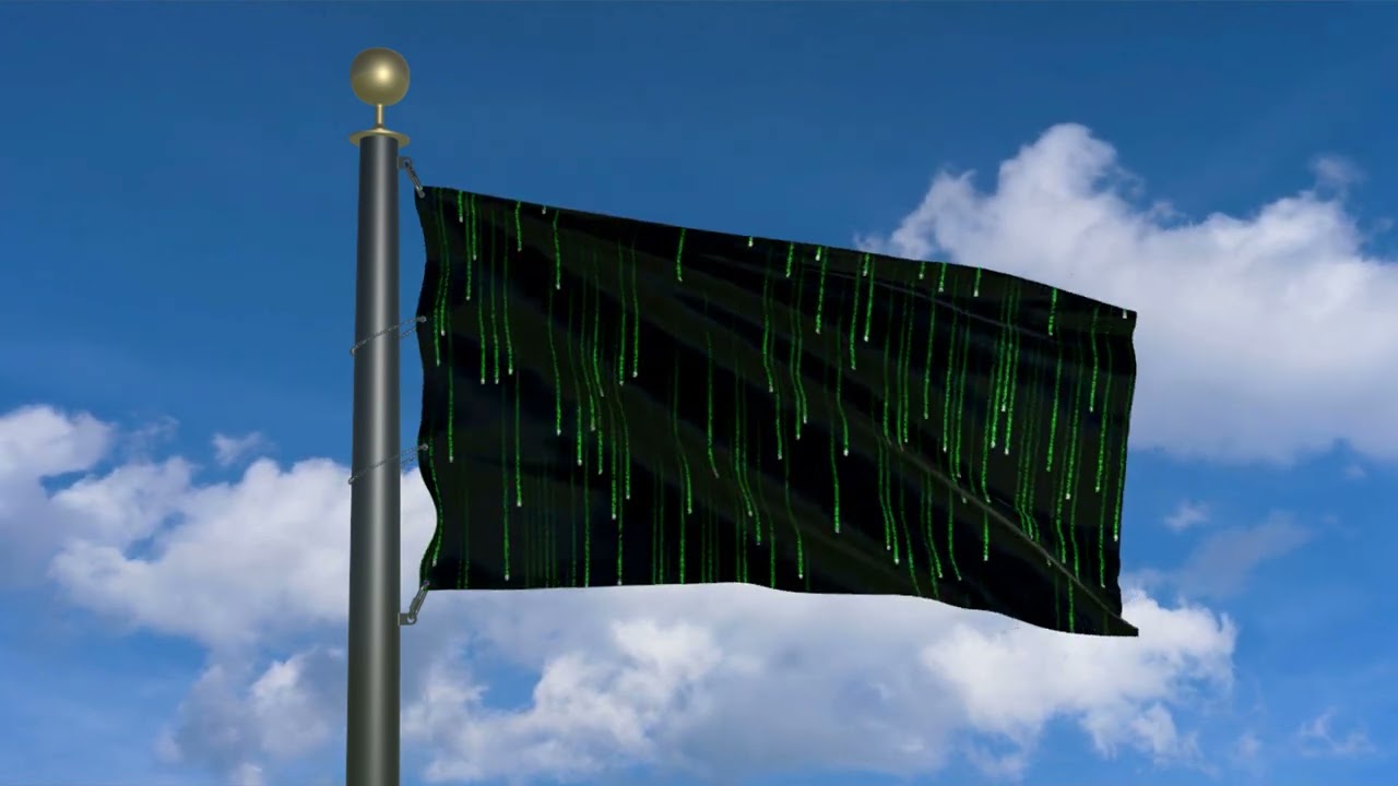 Matrix Rain code animated on the flag waving in the wind (moving clouds)
