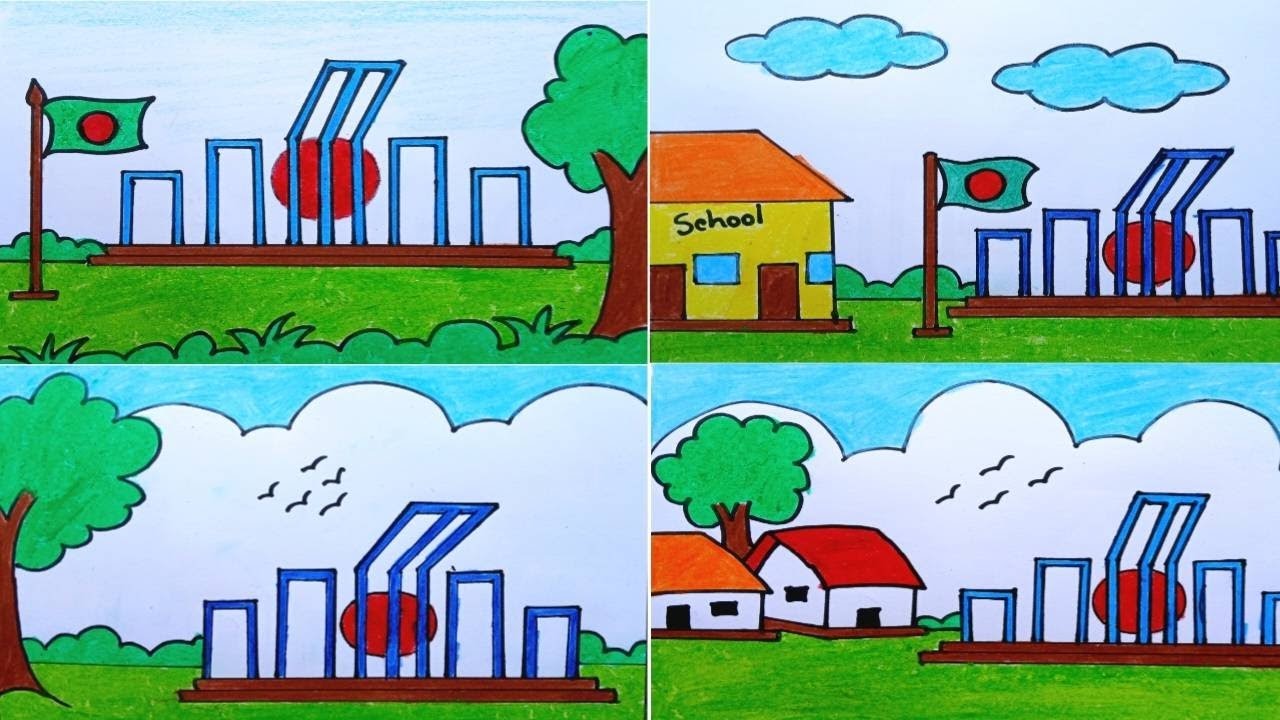 Shahid Minar Drawing/২১ ফেব্রুয়ারি দৃশ্য আঁকা/21st february drawing/Easy drawing for competition
