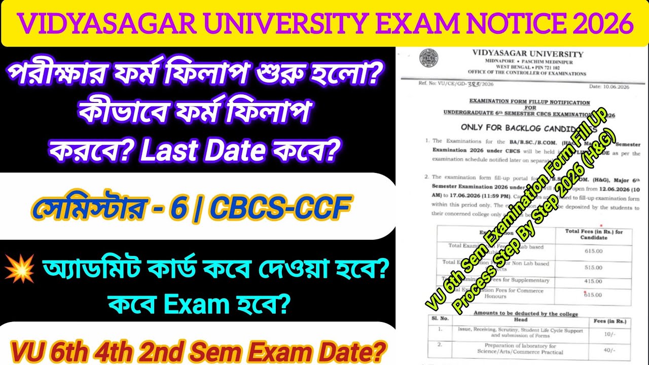Vidyasagar University 6th Semester Examination Form Fill Up 2026 || 6th Semester Exam Date 2026