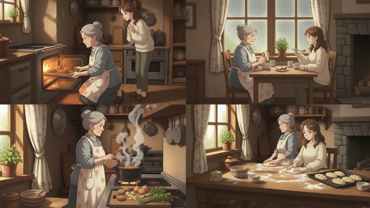 🌧️ Rainy Afternoon in Grandma's Kitchen | 10 Hour ASMR Bread Baking, Soup & Fireplace Sounds 👵🍞🔥