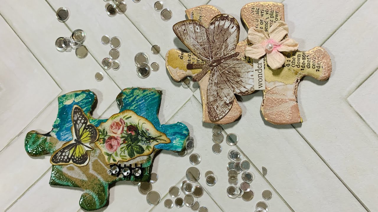 Altered puzzle pieces for junk journals inspired by Shabbydabbydoodah