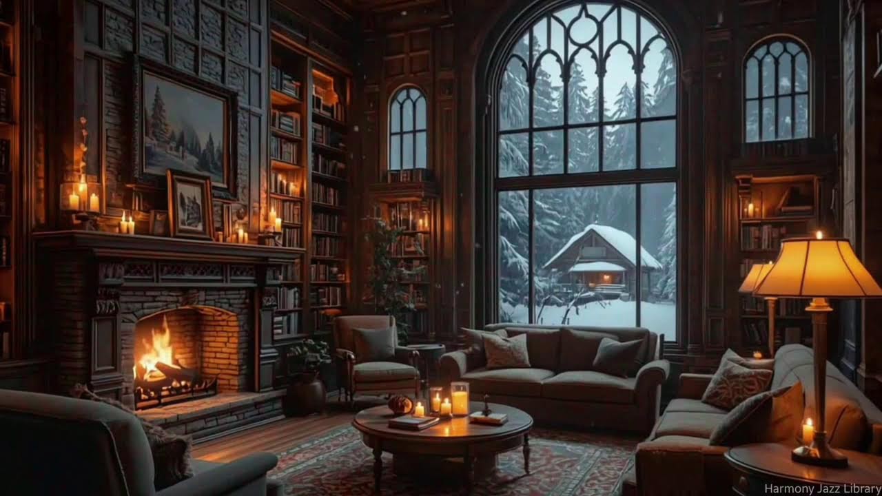 Snowfall Library Jazz with Fireplace & Towering Bookshelves | Bookish Focus and Quiet Study