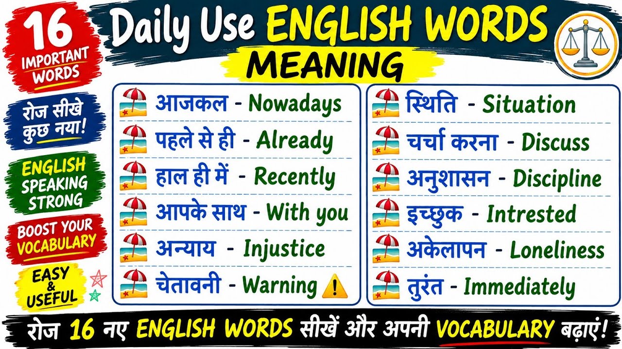 📢 Important Words Meaning || Daily Use English Words || Word Meaning Practice Hindi to English.