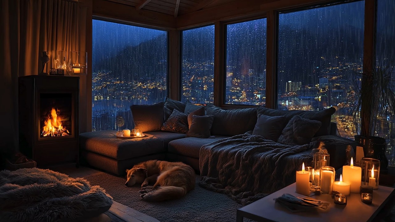 Cozy Cabin Thunderstorm & Fireplace ⛈️ Heavy Rain, Lightning & Sleeping Cat
