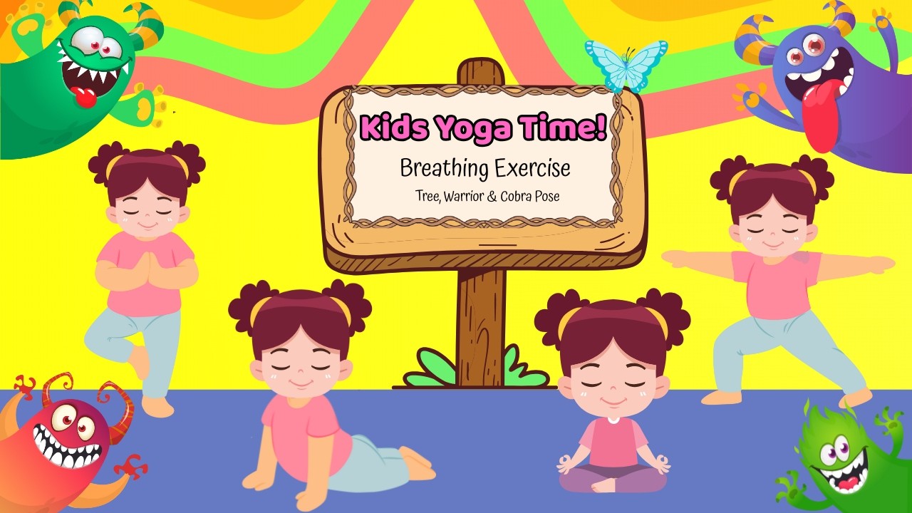 Breathing Exercise & Kids Yoga 🧘‍♀️ | Tree, Warrior & Cobra Pose | Happy Moves & Learning Kids