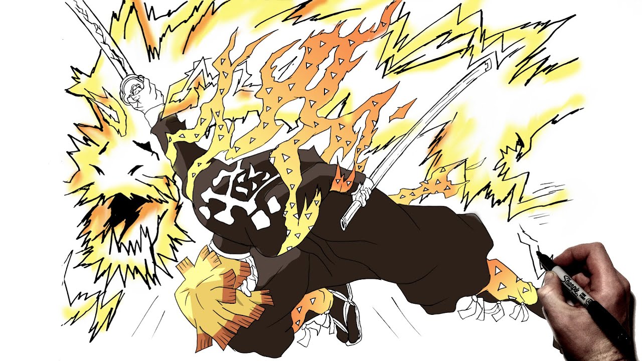 How To Draw Zenitsu (Flaming Thunder God) | Step By Step | Demon Slayer