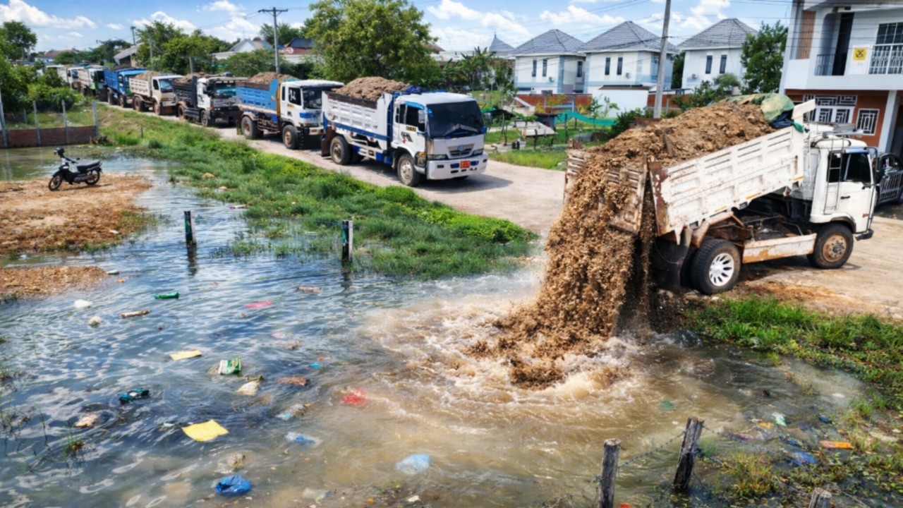 Complete100% DELETE Water In The Flooded Area For Construction New APARTMENT & CONDO by Dozer & Dump