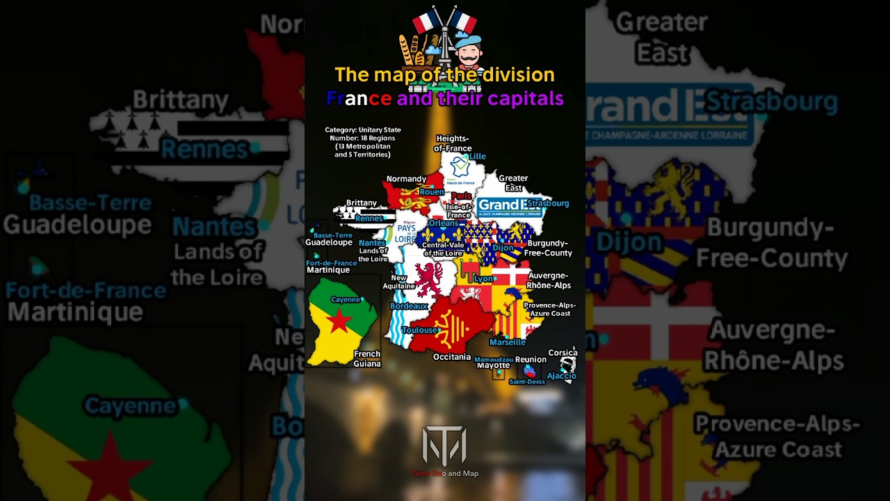 The map of the divisions of France and their capitals