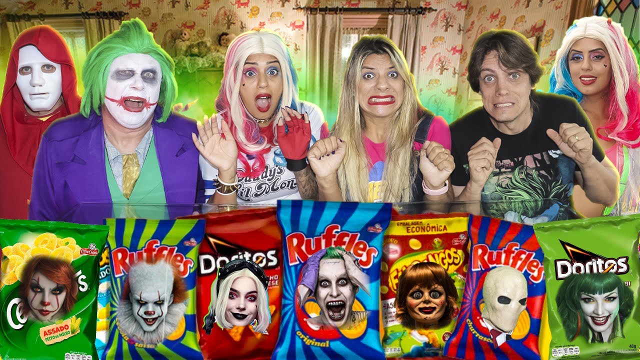 NÃO COMA O CHIPS ERRADO DOS VILÕES FACE, LADY JOKER, PRIMA DA ARLEQUINA E SLENDERMAN COM A ARLEQUINA