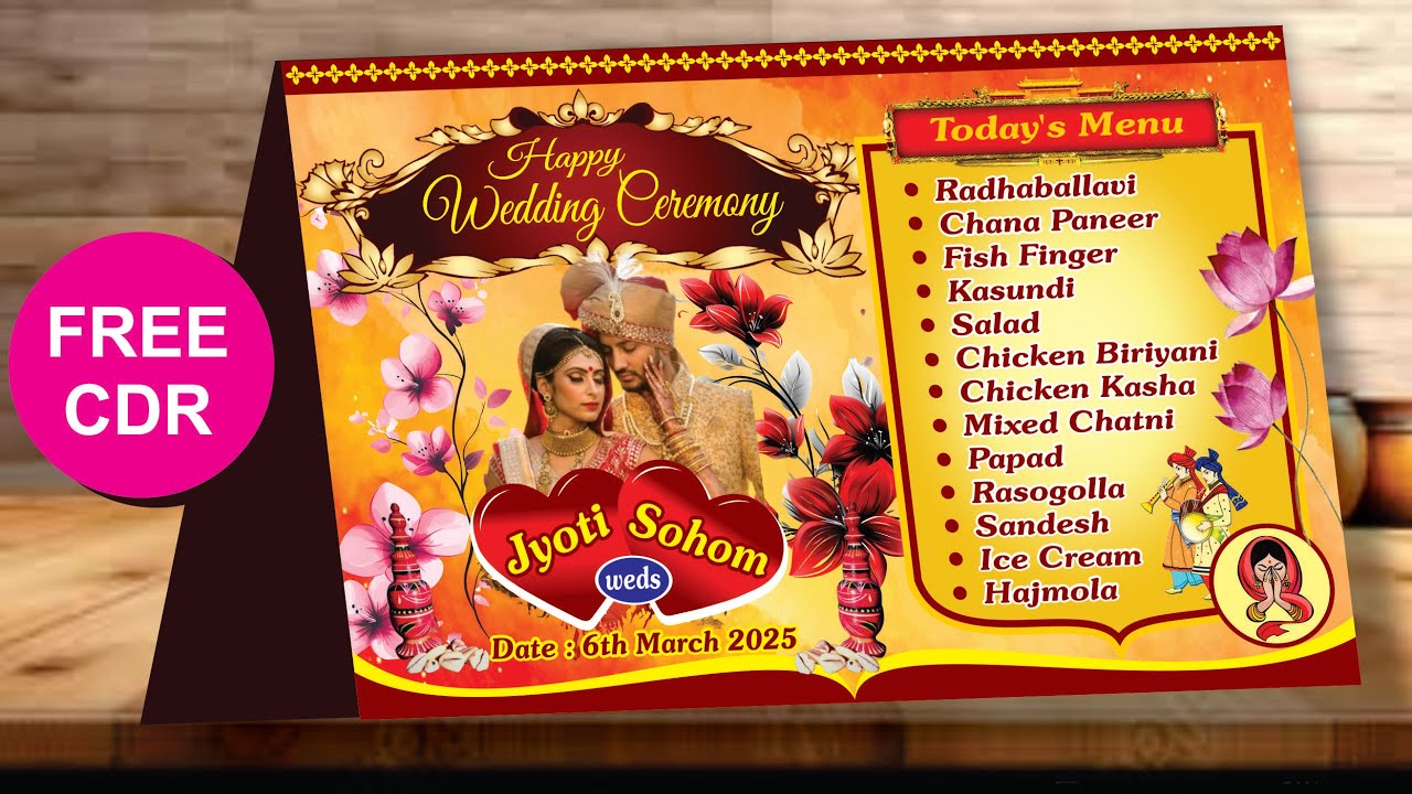Creative Digital Wedding Table Menu Card Design || Stand Menu Card || Coreldraw || Wedding Cliparts