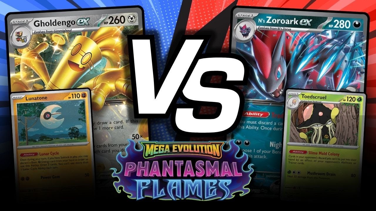 Голденго Лунатон против Зороарка Н в настольной игре Pokemon TCG.