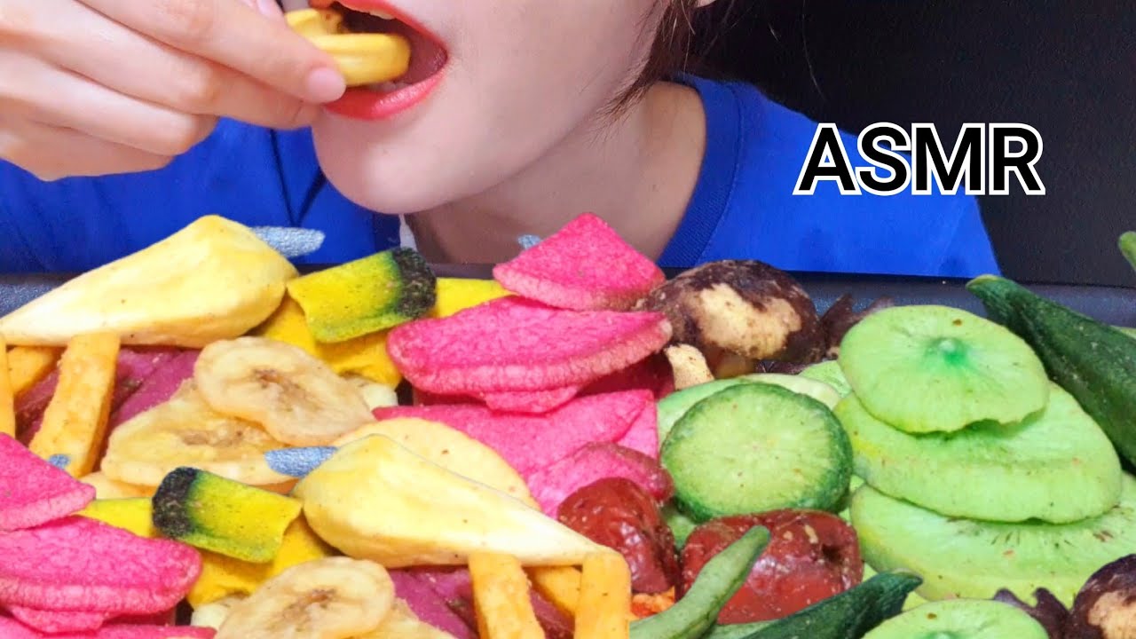 ASMR CRUNCHY HEALTHY FRUIT VEGGIE SNACK.🥔🍌🥝 (กินผักและผลไม้อบกรอบ asmr)🍌🥝🥒