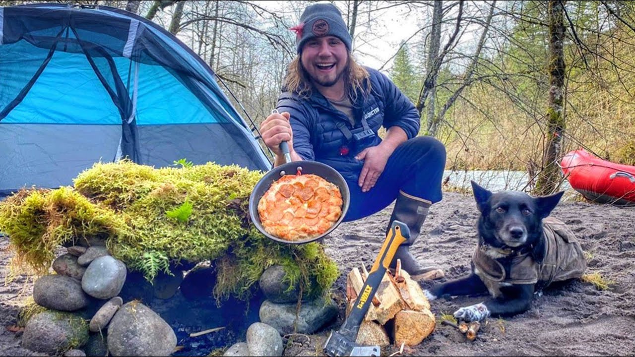 Primitive WINTER Camping - I Built An EARTH OVEN