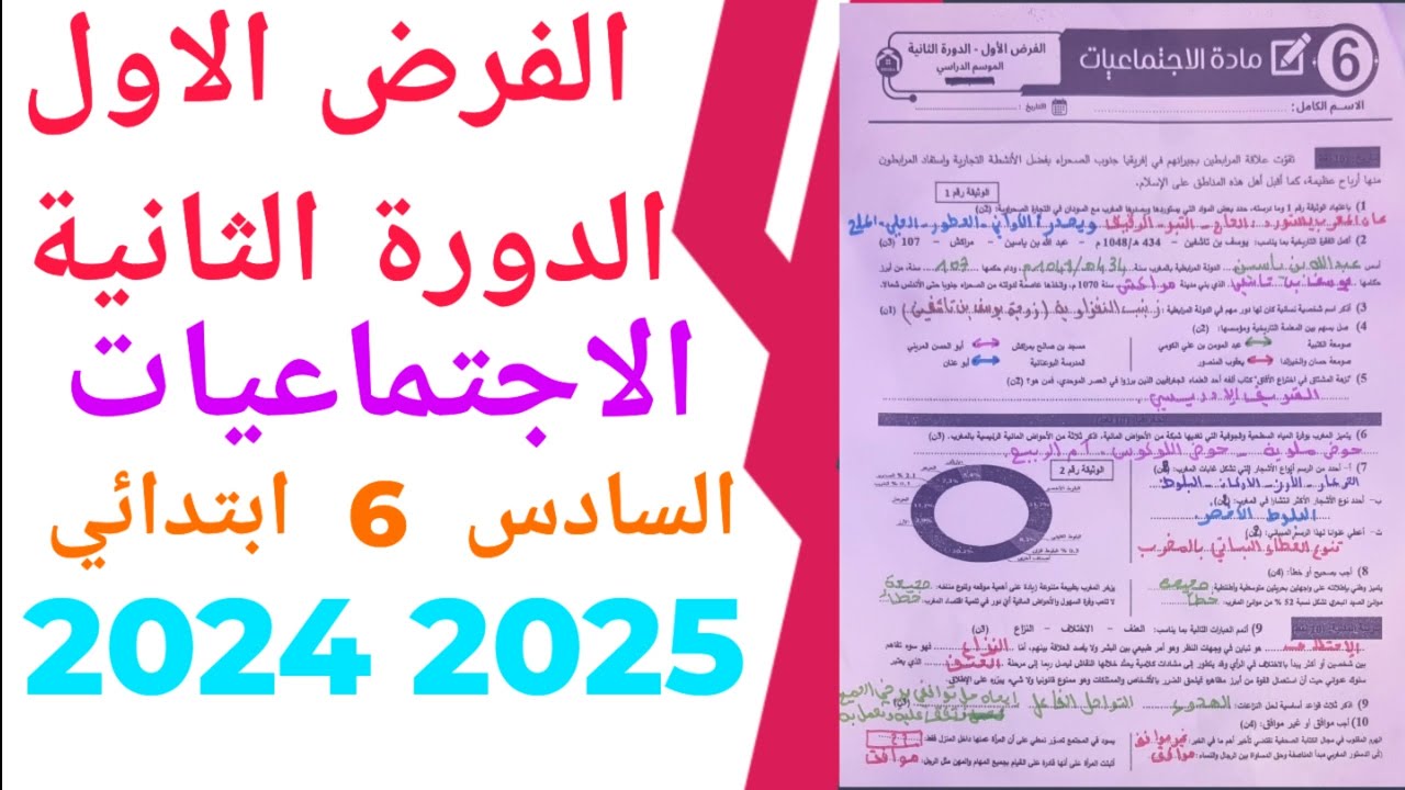 الفرض الاول الدورة الثانية  المستوى السادس ابتدائي مادة الاجتماعيات النمودج 5  2024/2025