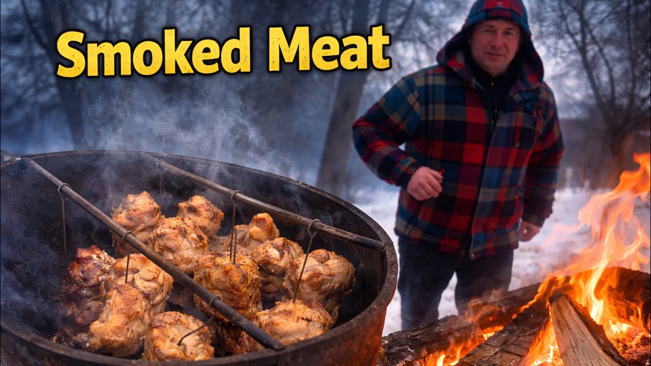 Preparing smoked meat outdoors in winter in a remote village,Ternopil Region,Ukraine,burning a fire 