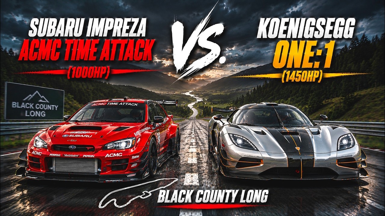 Subaru Impreza (1017hp) vs. Koenigsegg One:1 (1450hp) - Black Cat County Long (Assetto Corsa)