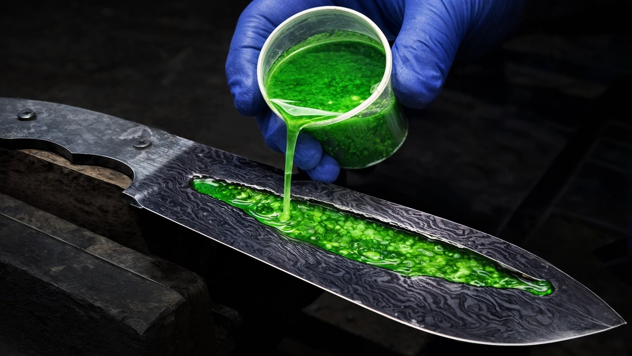 Forging a Damascus Knife from Steel Thimbles with Epoxy Inlay!