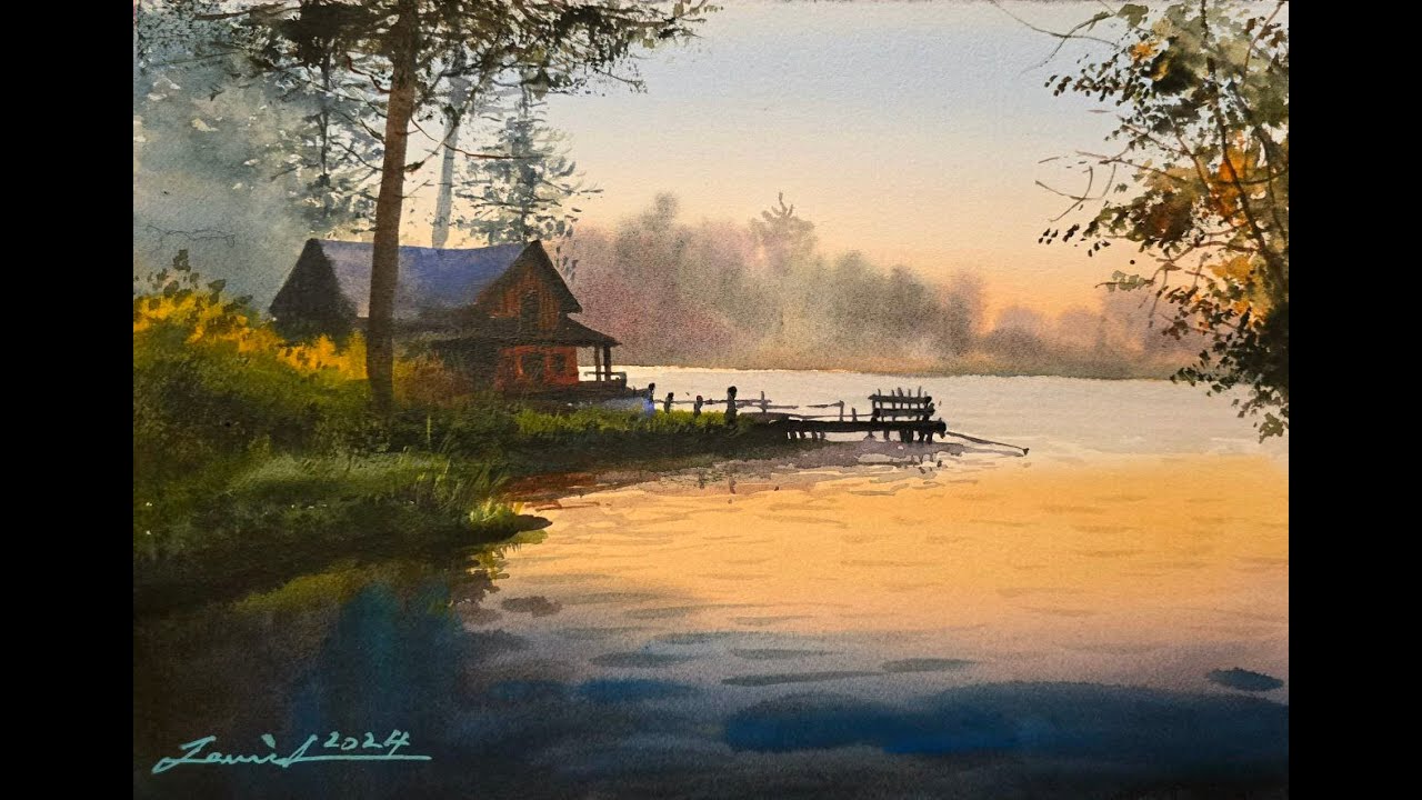 Tranquil Lakeside Cabin Watercolour Painting