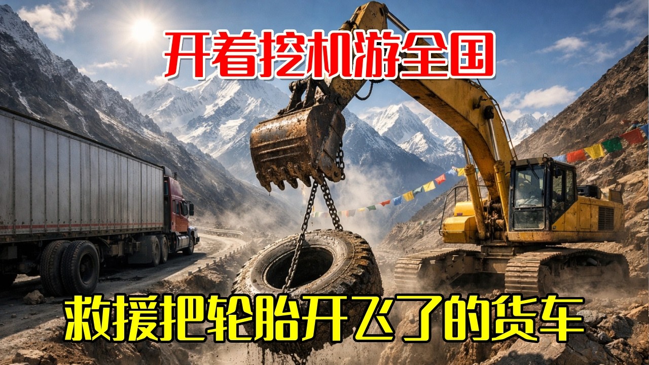 开着挖机游全国，西藏高原遇险情！半挂车轮胎飞了，硬核司机当场展开救援！#挖机小何vlog#挖机#司机#工地#第一视角#挖掘机