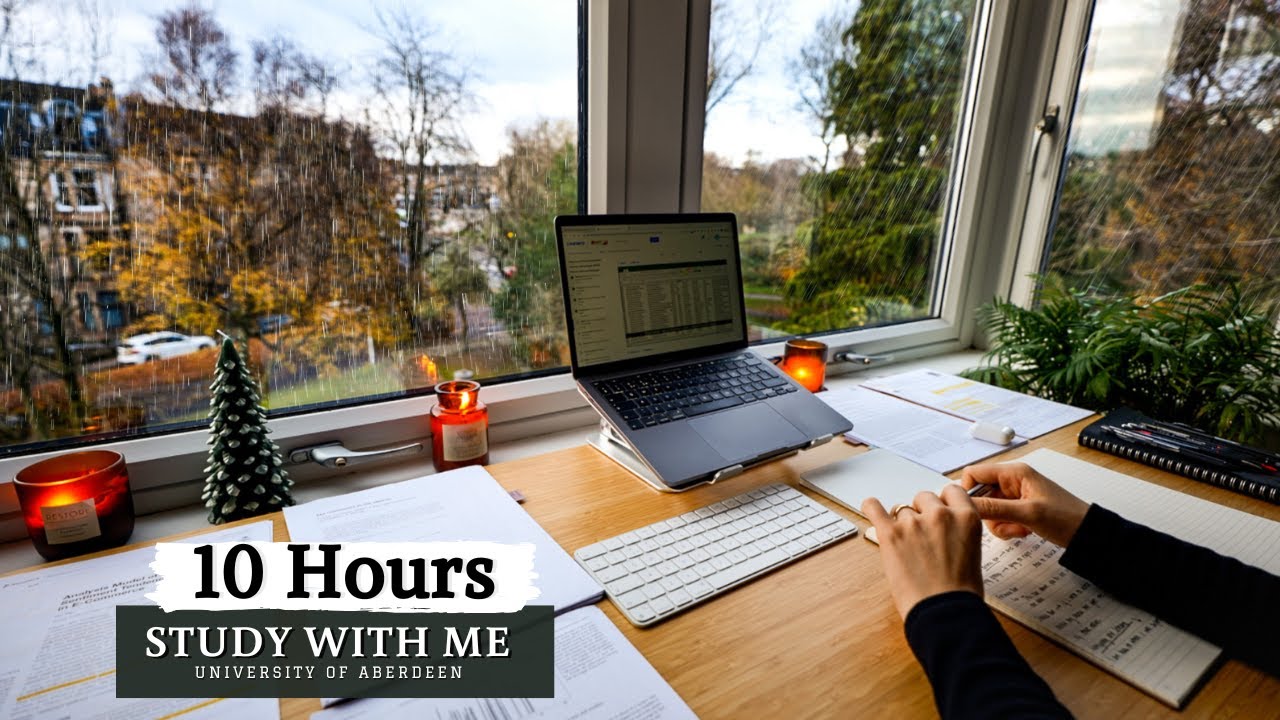 10 HOUR STUDY WITH ME on A RAINY DAY |  Background noise, 10 min Break, No music, Study with Merve