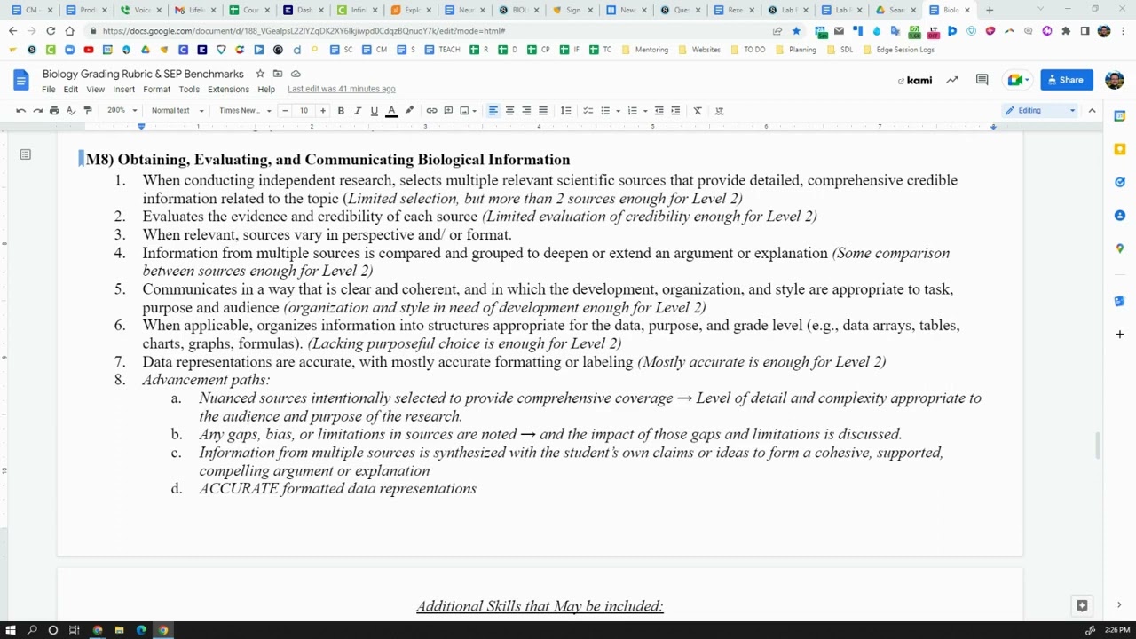 Biology SEP Benchmarks - (M8) Obtaining, Evaluating, and Communicating Biological Information