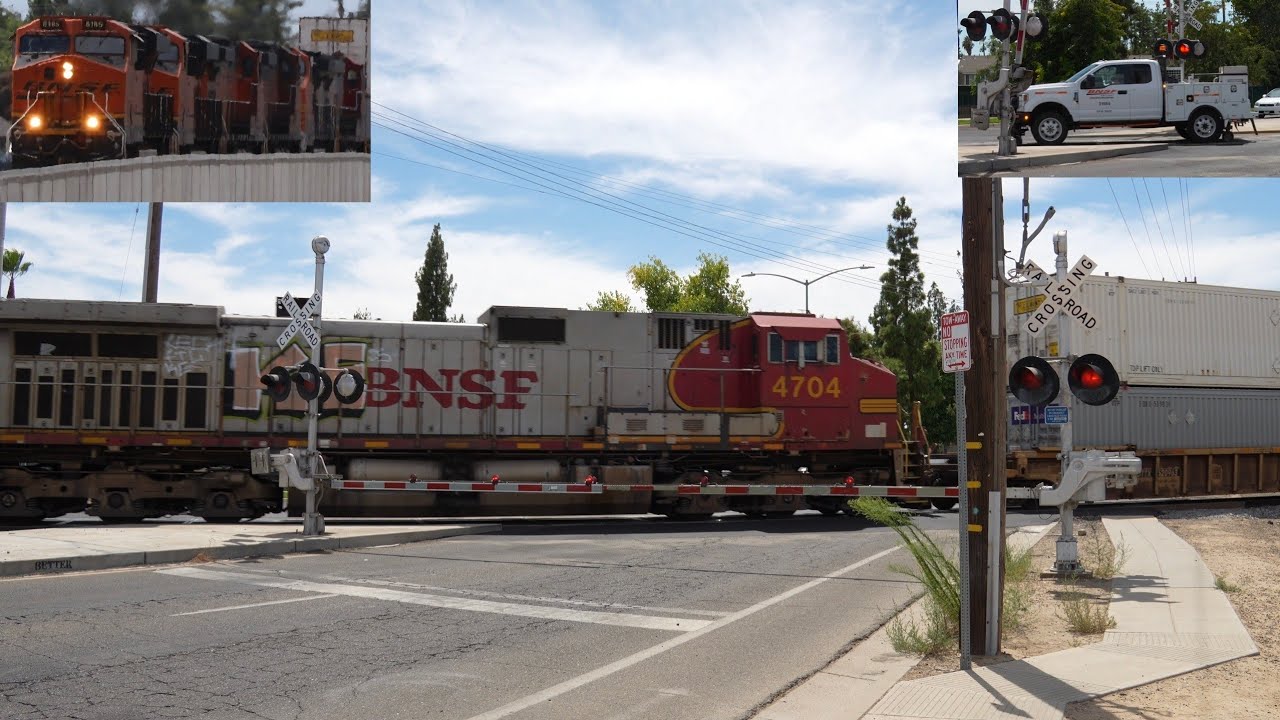 BNSF 8185 Intermodal South & Hi-Railer On Its Tail | W Ashlan Ave. Railroad Crossing Fresno CA