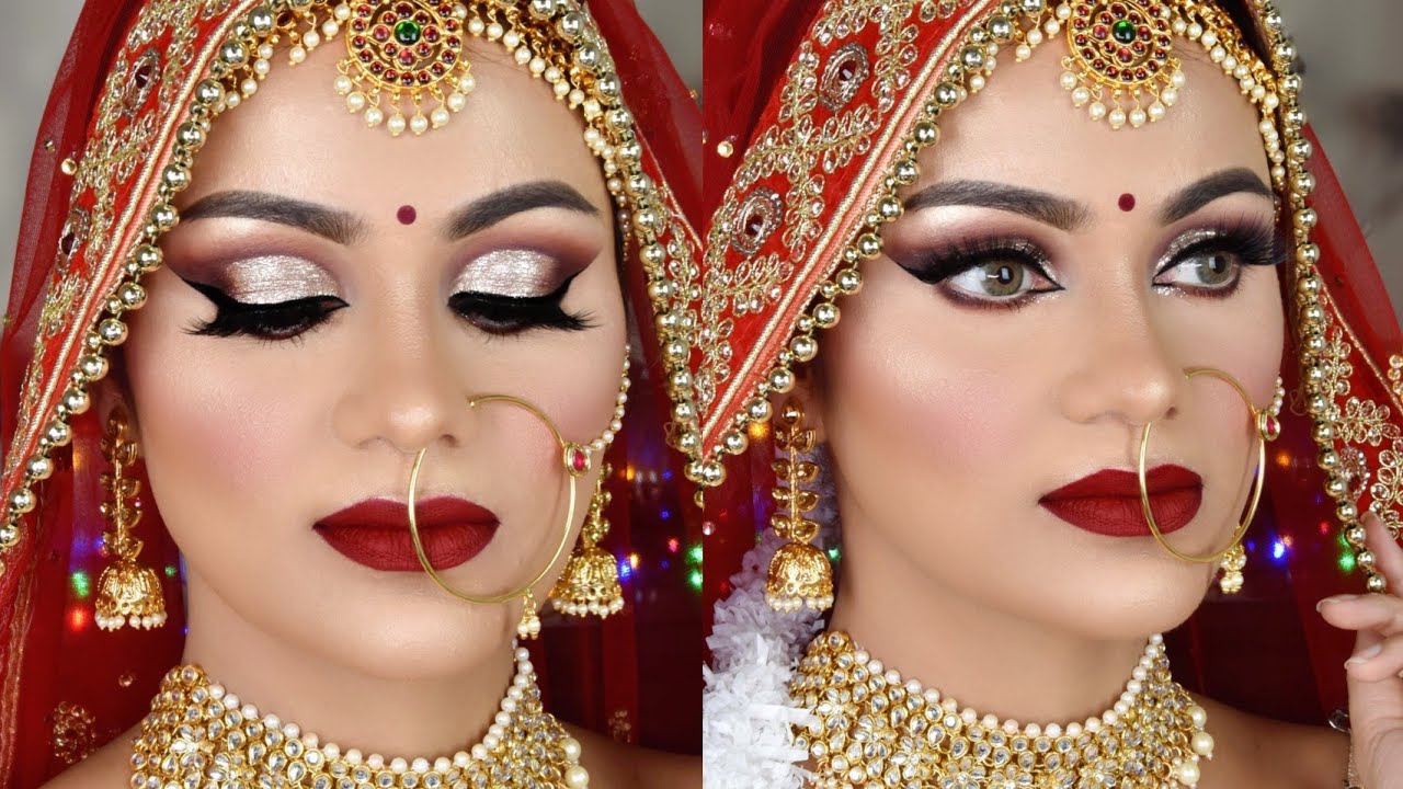 Summer Long Lasting INDIAN BRIDAL Makeup Tutorial Liquid Glitter eyes Deep red Lipstick