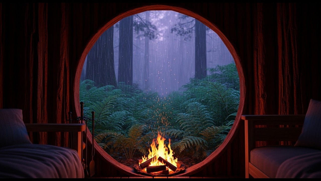 Hollow Redwood Tree Campfire Shelter 🌲 Spring Rainstorm Relaxation | 25 Percent