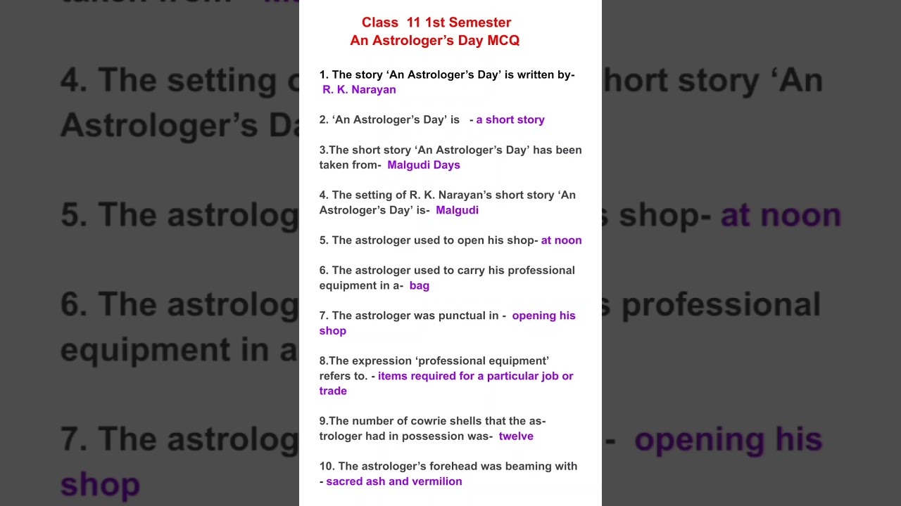 An Astrologer's Day by R.K Narayan MCQ || Class 11 English An Astrologer's Day MCQ |#english #shorts