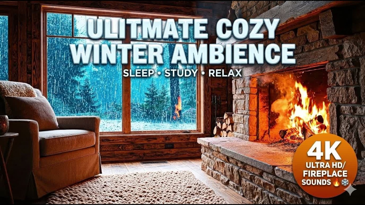 Cozy Cabin Ambience - Snowing Outside & Fireplace Sounds for Sleep/Study ❄️🔥