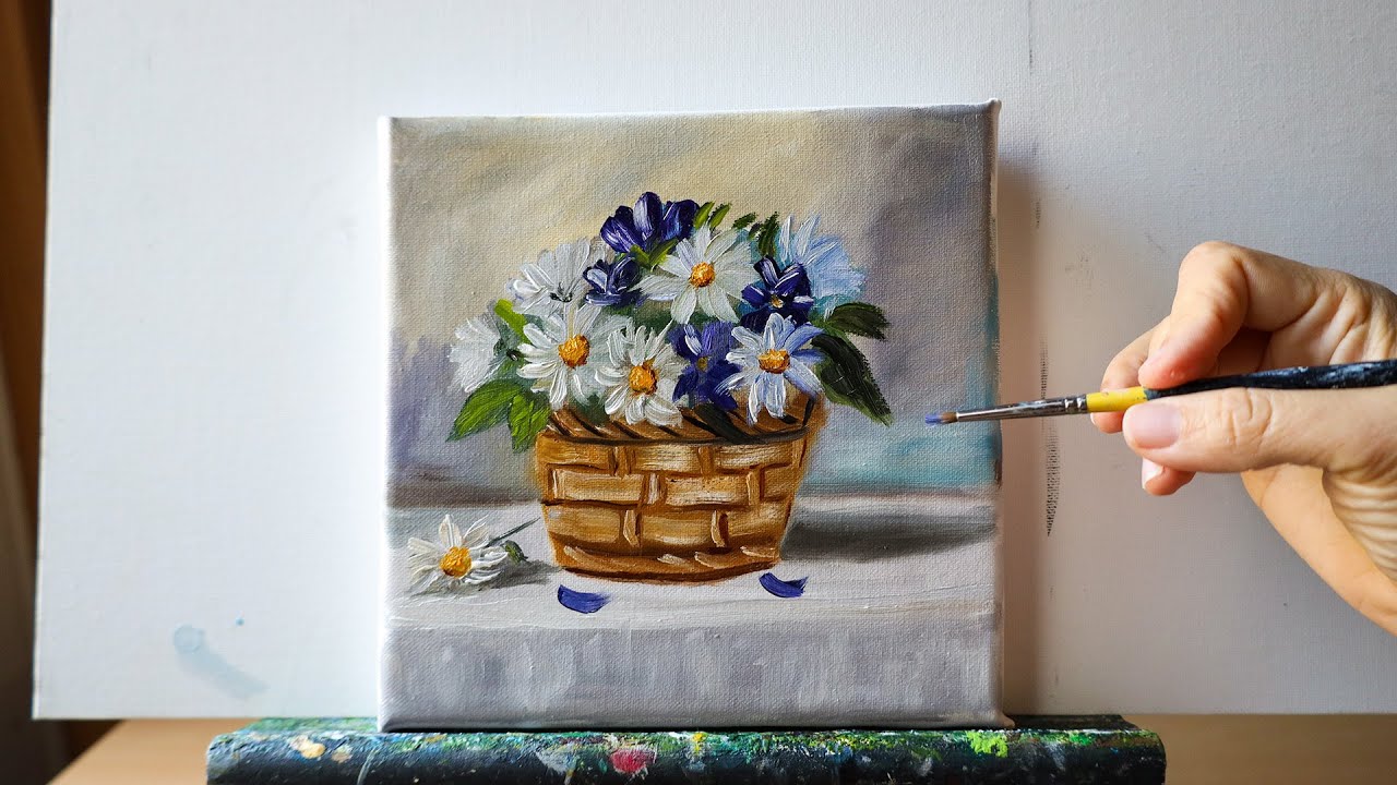 Relaxing Oil Painting | Basket of Purple and White Flowers