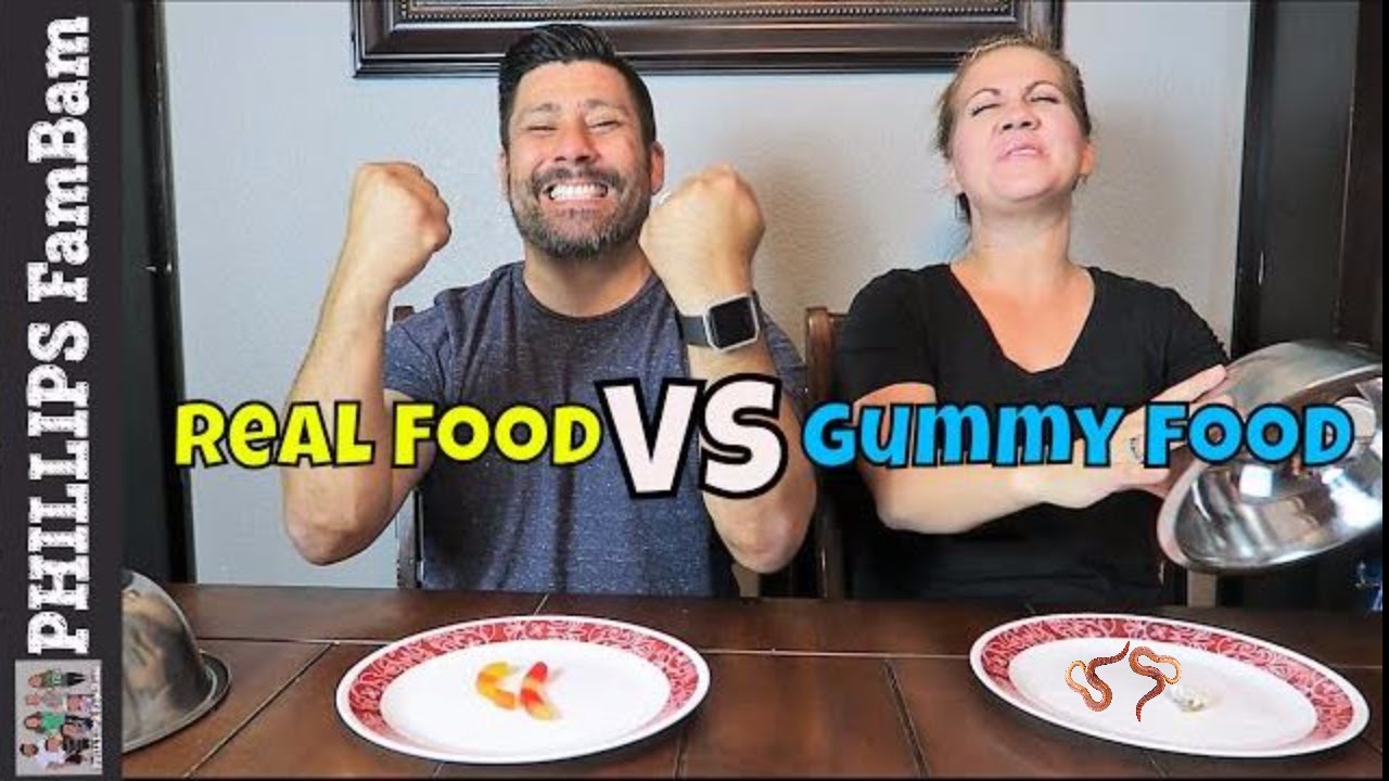 REAL FOOD vs GUMMY FOOD CHALLENGE or GUMMY FOOD vs REAL FOOD CHALLENGE | PHILLIPS FamBam Challenges