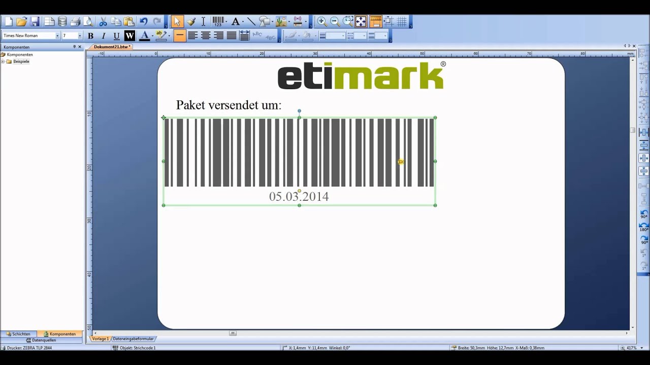 Erstellung eines Etikettenlayouts mit Seagull Bartender