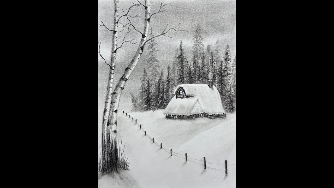 Winter Wonderland Drawing with Pencil | Snowy Cottage, Birch Tree | Easy Step by Step for Beginners