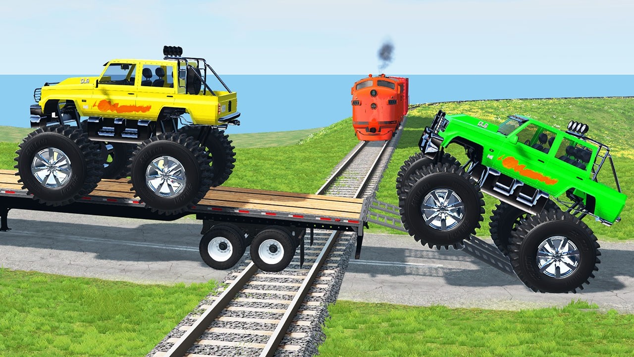 Monster Trucks Transport Flatbed Trailer Tractor Truck Car Rescue - Cars vs Train and Rails - BeamNG