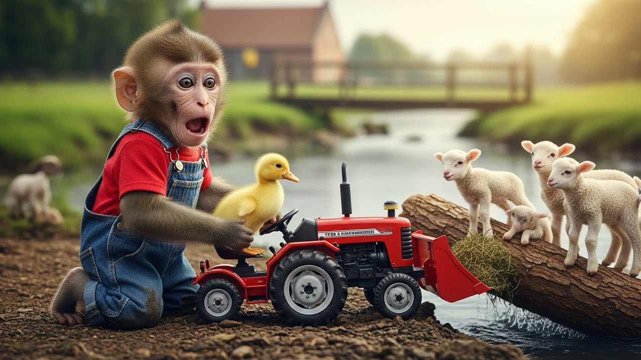 GON and GOLDIE Drives a Tractor to Build a Bridge for the Lambs 🐒🐥🚜🐑