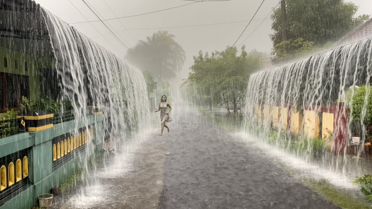 ЭКСТРЕМАЛЬНАЯ ПОГОДА ⛈️⚡ Сильный дождь и громкий гром в тихой деревне ⚡ ASMR Rain Drum
