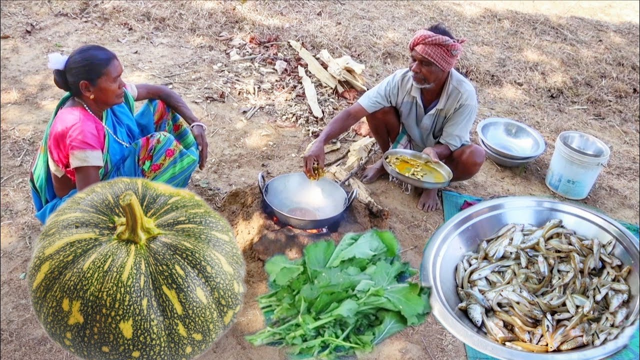 Santali grandmaa cooking SMALL FISH CURRY with PUMPKIN and MULI SHAK VAJI for lunch