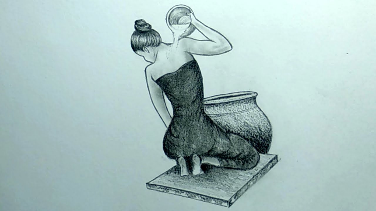Pencil Drawing Beautiful Woman Taking A Bath